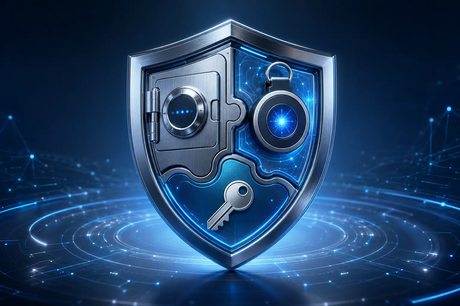 Escudo digital compuesto por una bóveda de contraseñas, un factor adicional y una passkey