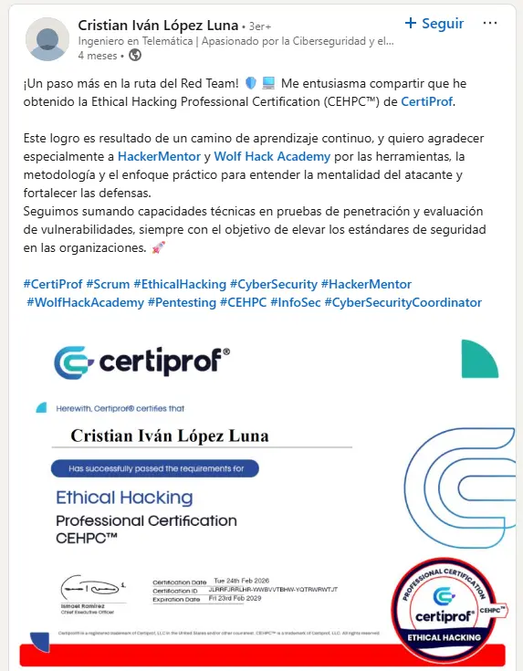 Publicación de Cristian Iván López Luna sobre Ethical Hacking Professional Certification