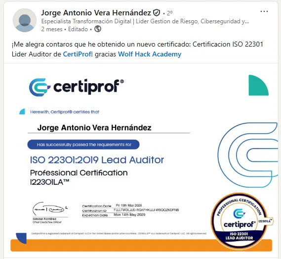 Publicación de Jorge Antonio Vera Hernández sobre ISO 22301 Lead Auditor