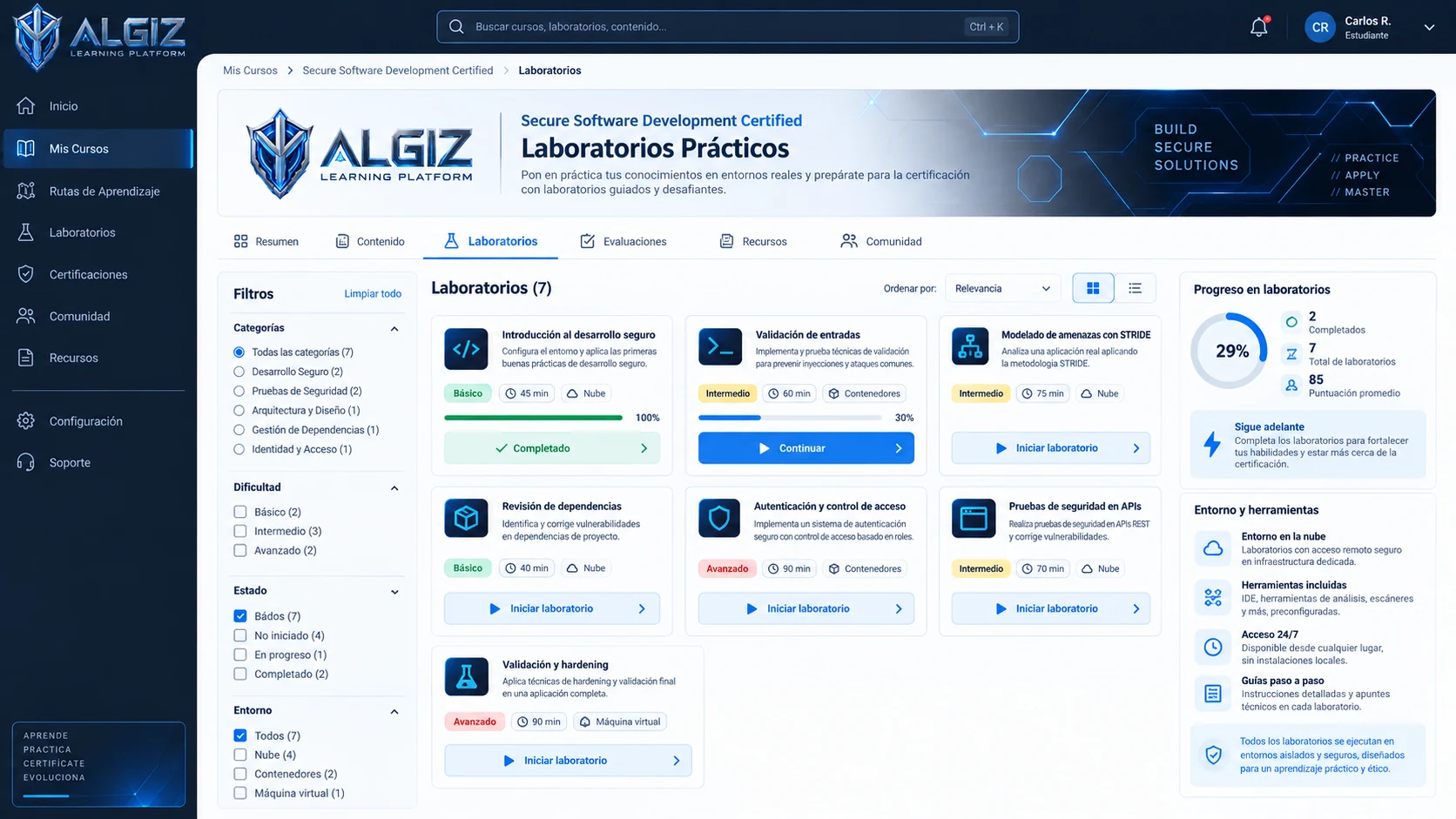 Vista de laboratorios prácticos en Algiz Learning