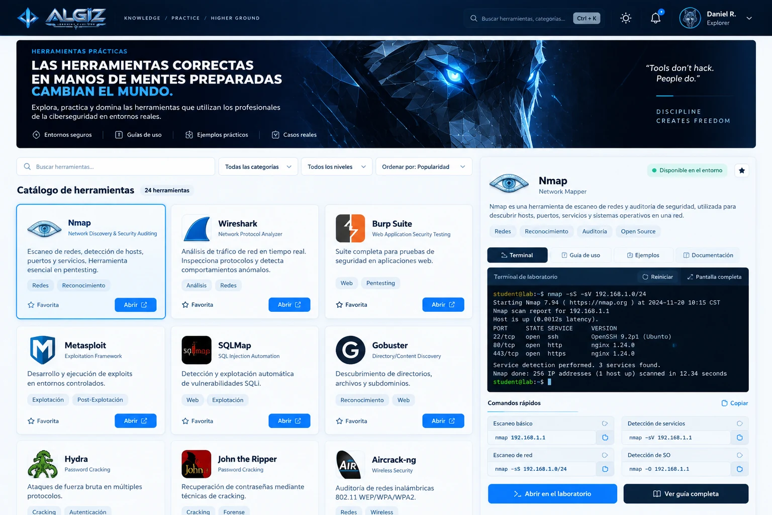 Catálogo de herramientas prácticas con Nmap, Wireshark, Burp Suite y terminal de laboratorio